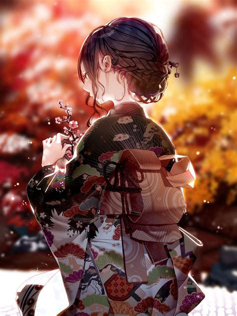 Download 1536x2048 Anime Girl Japanese Clothes Kimono Autumn