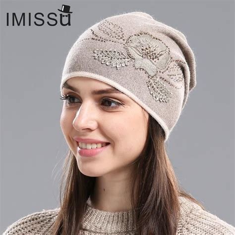 Imissu Womens Winter Hats Knitted Wool Skullies Casual Cap With Flower