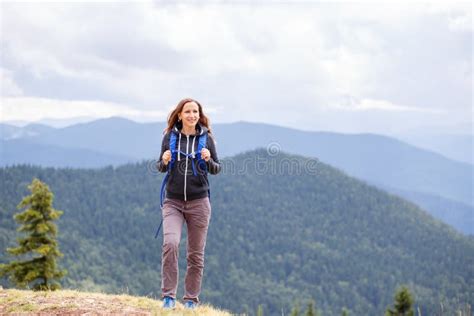 Beautiful Young Woman Hiking In Mountains Stock Photo Image Of