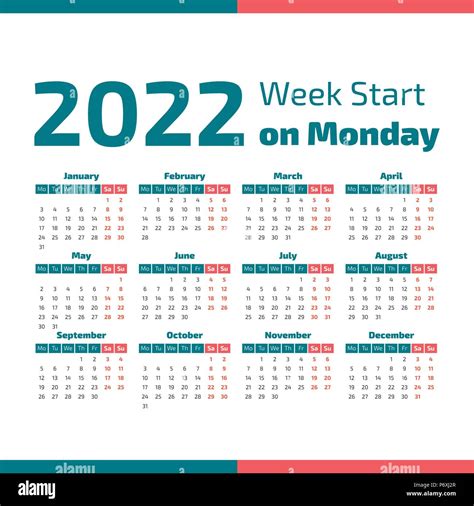 Simple 2022 Year Calendar Week Starts On Monday Stock Vector Image