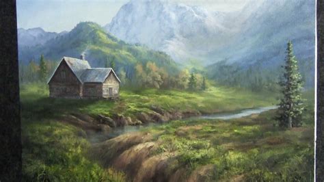 Vintage Rustic Cabin In The Foothills Of Mountains Oil Painting Retro