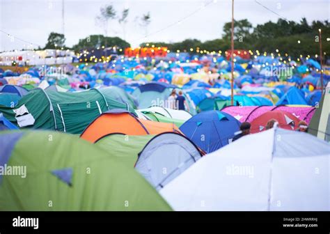 Tent City Shot Of A Campsite Filled With Many Colorful Tents At An Outdoor Festival Stock Photo