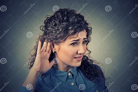 Nosy Woman Hand To Ear Gesture Carefully Secretly Listen In On Juicy