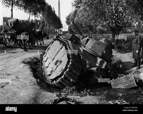 Abandoned French Tank Char B1 In A Bomb Crater Black And White Stock