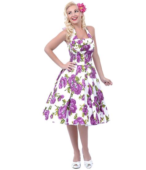 Unique Vintage Purple And White Floral Cotton Flirty Swing Dress