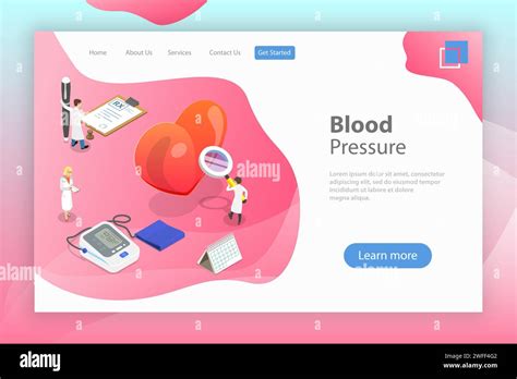 Isometric flat vector landing page template of blood pressure test