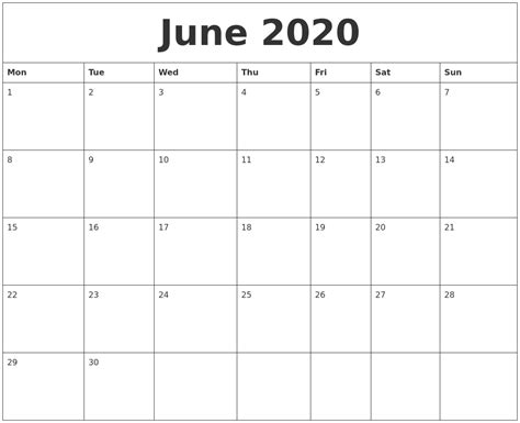 June 2020 Blank Printable Calendars