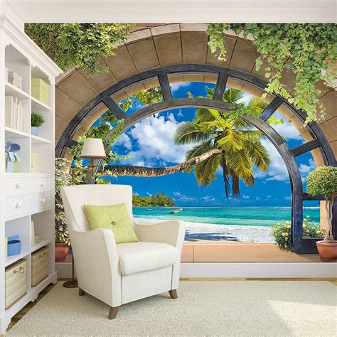 3d Window Tropical Beach Palm Tree Self Adhesive Wall