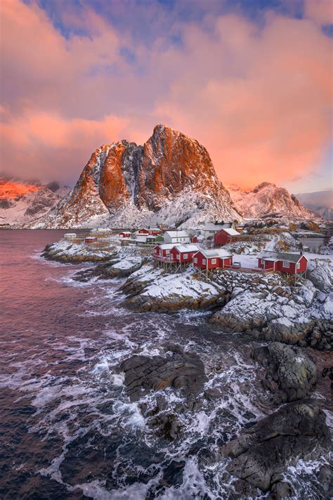 Winter Sunrise Over Red Cabins In Lofoten Norway Photo Print Joseph C