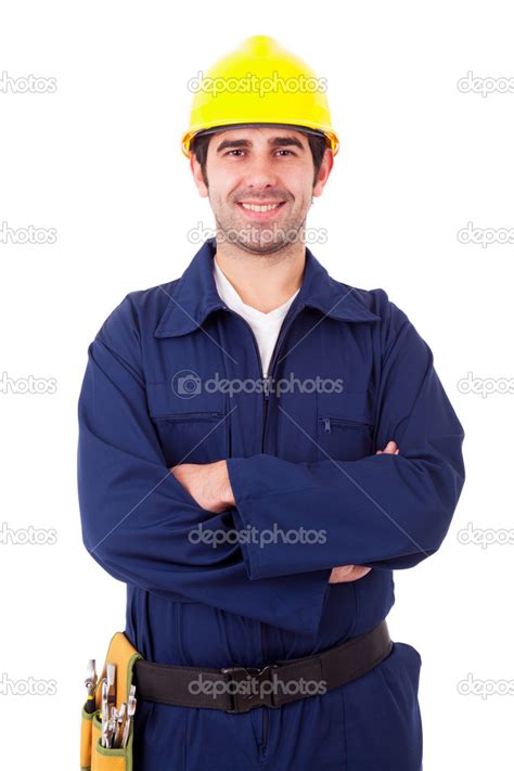 Portrait Of A Smiling Young Builder Isolated On White Stock Photo By