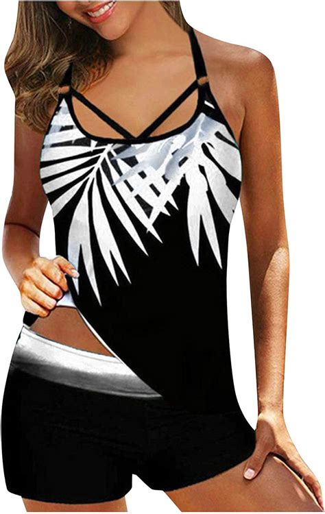 Amazon Com Sayhi Women Plus Size Print Swimwear Strappy Swimdress Two