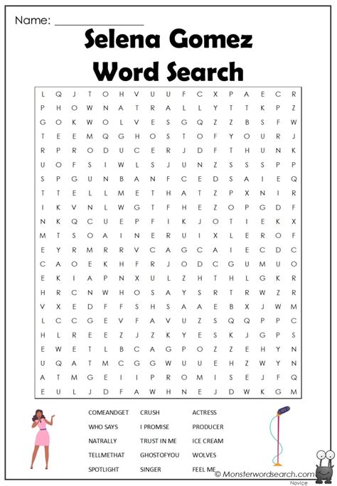 Selena Gomez Word Search Monster Word Search