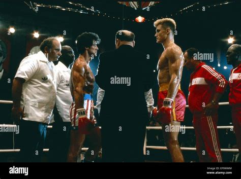 Burt Young Sylvester Stallone And Dolph Lundgren Rocky Iv 1985 Stock