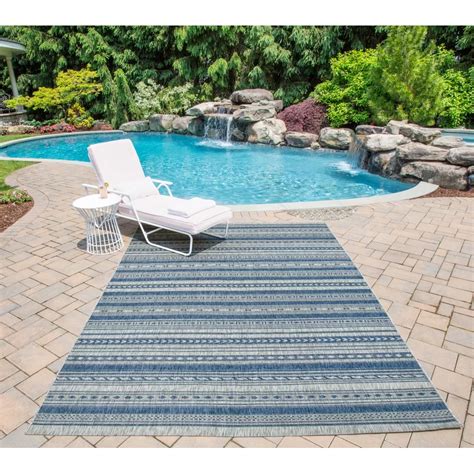 Rectangular outdoor area rugs are the most popular because of their versatility. Tuscany Striped Denim Blue/Tan Indoor/Outdoor Area Rug in ...