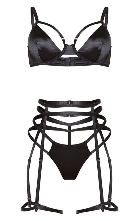 black double strap satin 3 piece lingerie set prettylittlething