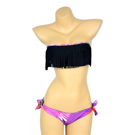 sexy bandeau top fringe print bikini set swimwear bathing suit ruffle swimsuit 2017 bikini women