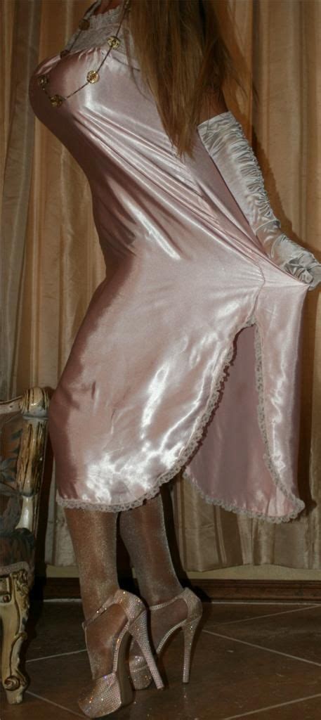 Pink Satin Nightgown White Satin Gloves Sheer White Shimmer Stockings And Gold Ankle Strap High