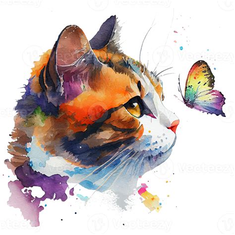 Cat With Butterfly Watercolor Cat Looking At Butterfly Generative Ai