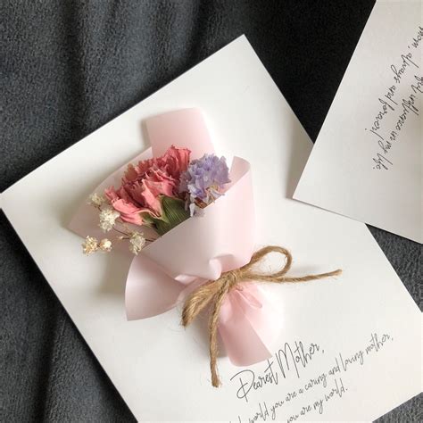 For Mom Dried Flower Mini Bouquet Cards Carnation Calligraphy By