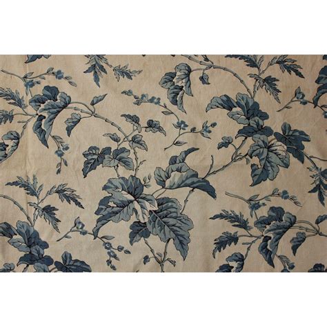 Chintz Fabric Hand Block Printed C1850 Blue Foliage Deisgn White Ground
