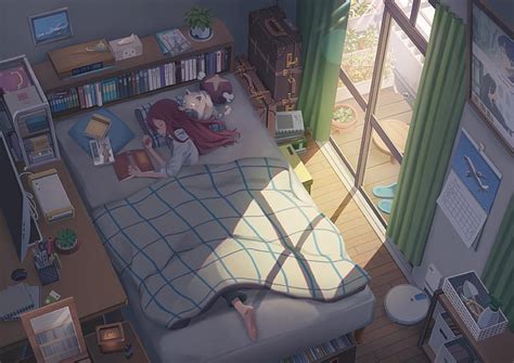 Anime Original Cama Escritorio Interior Habitación Ventana Fondo
