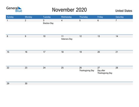 November 2020 Calendar With United States Holidays