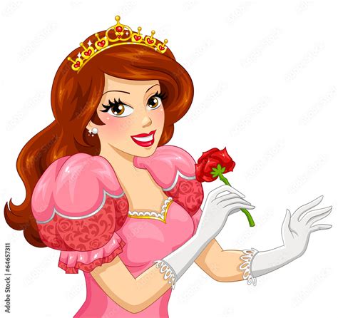 Beautiful Princess With Brown Hair Holding A Red Rose Stock