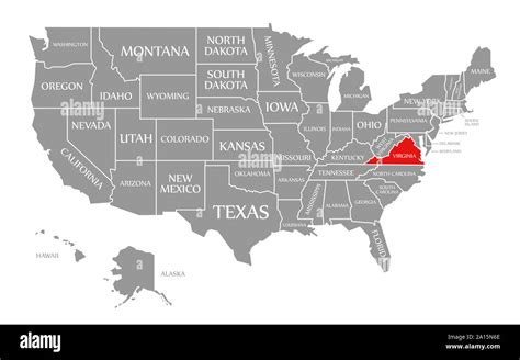 Virginia Red Highlighted In Map Of The United States Of America Stock