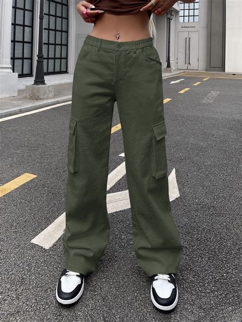 Army Green Casual Collar Fabric Plain Cargo Pants Embellished Non
