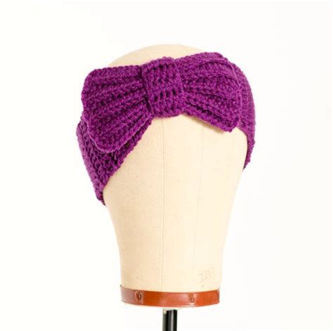 Plum Deep Purple Knit Bow Headband Large Bow Crocheted Etsy Bow