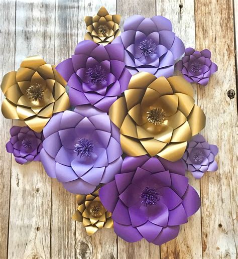 Isolated purple flowers on a black and white graphic background. Purple and gold Paper flowers, wedding backdrop, baby room ...