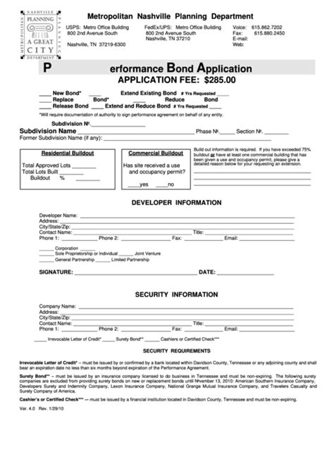 Performance Bond Application Form Metropolitan Nashville Planning