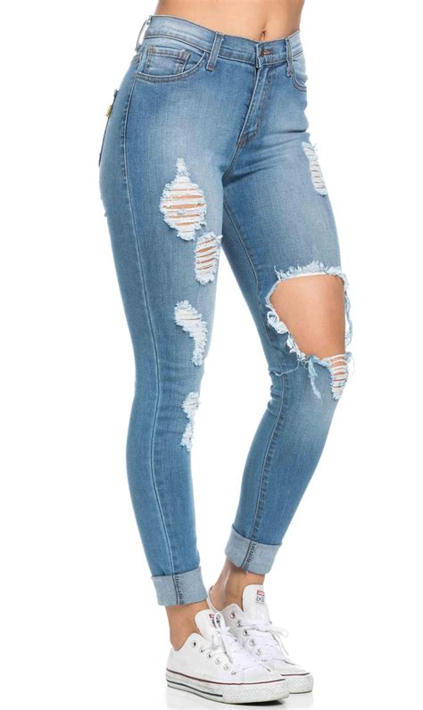 Vibrant Jeans High Waisted Distressed Skinny Jeans In Blue Plus Sizes