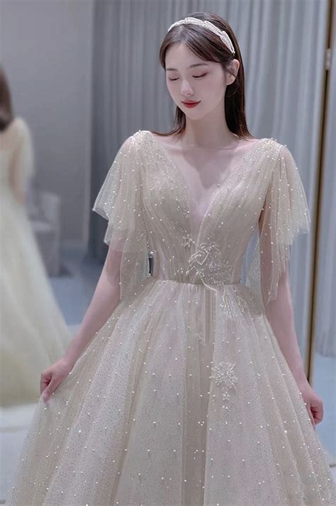 Champagne Tulle Beads Long Prom Dress A Line Evening Dress · Little