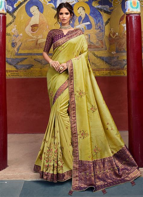 Yellow Green Raw Silk Embroidered Wedding Saree Sarees Designer Collection