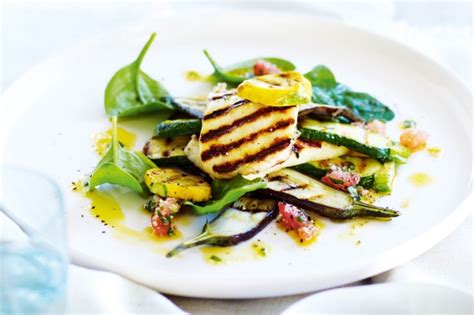 Grilled Haloumi And Vegetable Stacks With Pistou Sauce