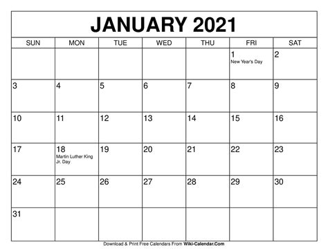 Free Printable January 2021 Calendars 1 Calendar Template 2021