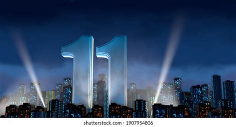 청색 조명등은 어두운 밤하늘 높이 파란 스톡 일러스트 1907273110