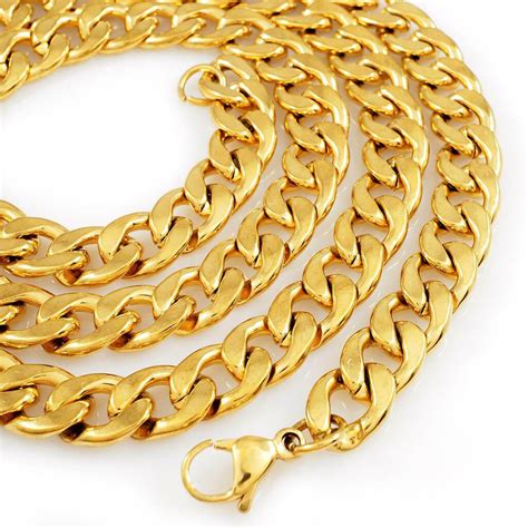 18k Yellow Gold Cuban Miami Link Chain Solid Stainless Steel Curb Mens