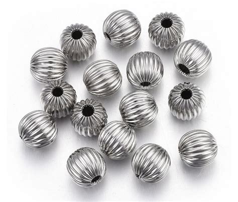 8mm Corrugated Round Beads Stainless Steel Pack Of 10 Golden Age Beads