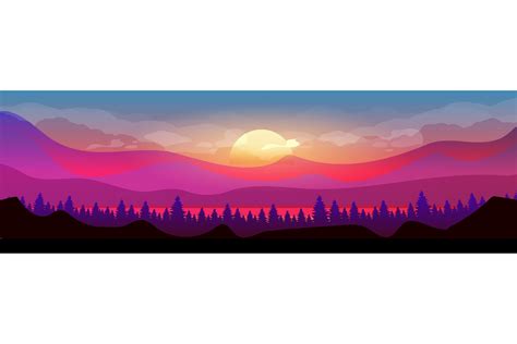 Sunset In Mountains Flat Color Vector Illustration 899617