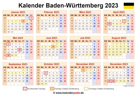 Kalender 2023 Baden Württemberg Ferien Feiertage Word Vorlagen