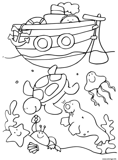 Coloriage Fond De Mer Et Animaux Marins Avec Bateau De Mer Dessin Mer
