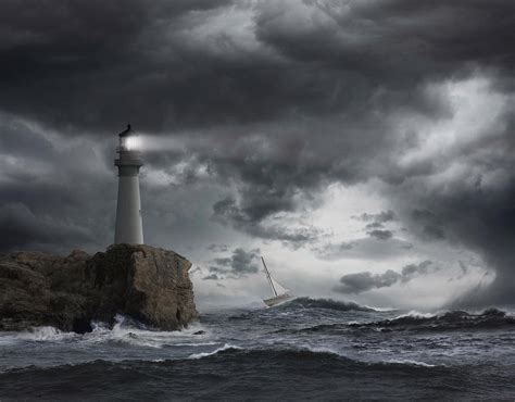 Lighthouse Light During Sea Storm Hd Wallpaper Sea Storm Lighthouse