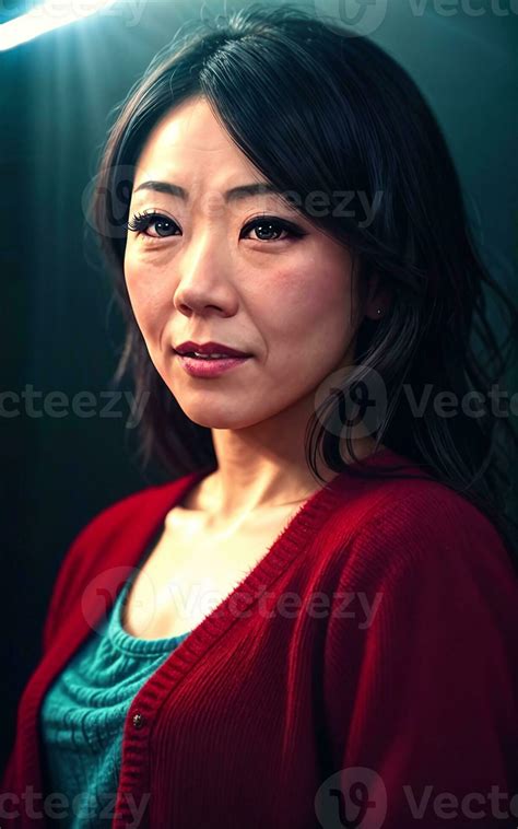 Portrait Photo Of Beautiful Middle Aged Asian Woman In Dark Room With Light In Background
