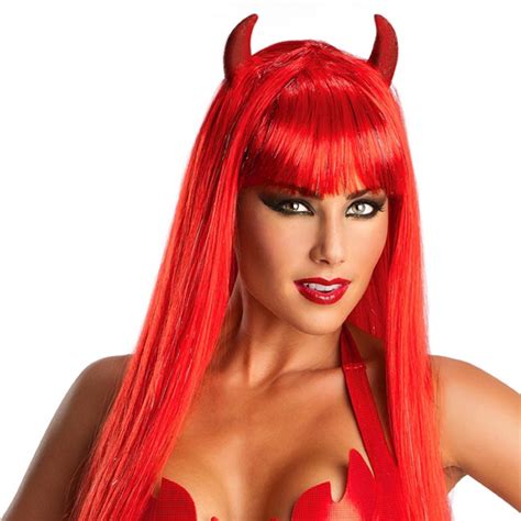 Red Demona Wig Horns Long Devil Costume Accessory Womens Halloween Fancy Dress