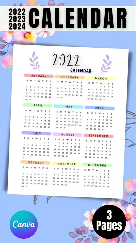 2022 2023 2024 Calendar Printable Canva Template Calendars