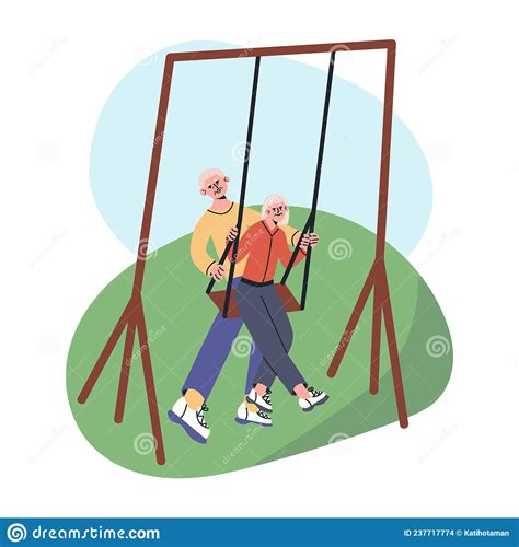 Happy Senior Couple Husbund Swing Her Wife On A Swing Elderly Man And