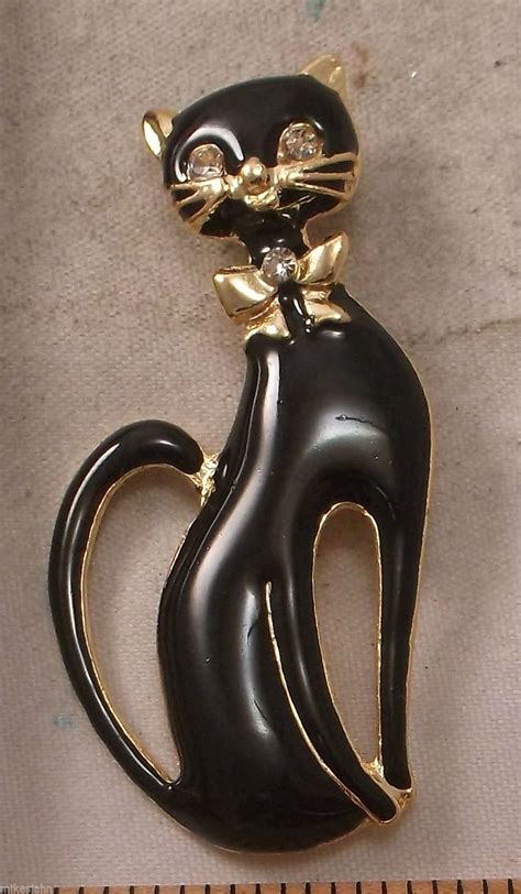 Cat Kitty Kitten Feline Black Gold Tone Vintage Pin Brooch A7 Cat