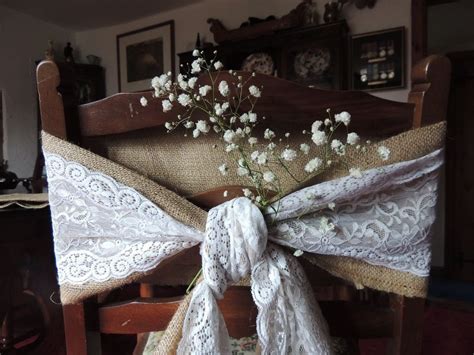 100x hessian chair sashes perfect for your shabby chic, vintage or rustic wedding or celebration. Natural Hessian/burlap chair bow with lace - rustic ...